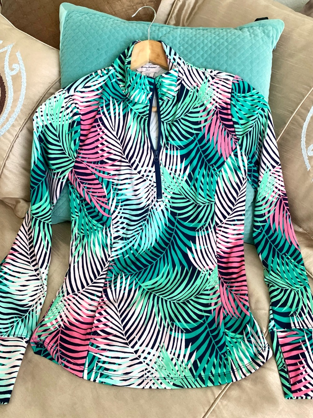 Tommy Bahama Tropical Palm Print Half-Zip Performance Athletic Top SPF